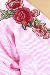 Gingham Check Wrap Over Embroidered Tie Knot Blouse Top