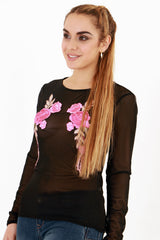 Mesh floral gestickte Langarmd -Top