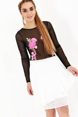 Mesh Floral Embroidered Long Sleeve Bodysuit