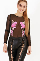 Mesh Floral Embroidered Long Sleeve Bodysuit
