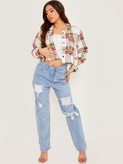 Cropped Colour Block Checked Shirt Jacket Shacket