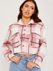 Cropped Colour Block Checked Shirt Jacket Shacket