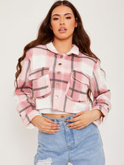 Cropped Colour Block Checked Shirt Jacket Shacket