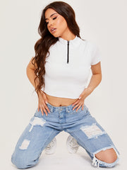 Thick Ribbed Zip Detail Crop Top