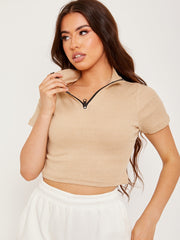 Thick Ribbed Zip Detail Crop Top