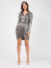 Metallic Pleated Wrap Over Front Mini Dress