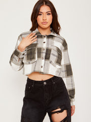 Cropped Colour Block Checked Shirt Jacket Shacket
