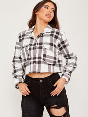 Cropped Colour Block Checked Shirt Jacket Shacket