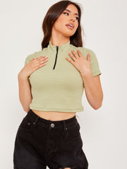 Thick Ribbed Zip Detail Crop Top