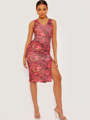 Self Tie Knot Marble Print Ribbed Midi Dress