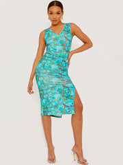 Self Tie Knot Marble Print Ribbed Midi Dress