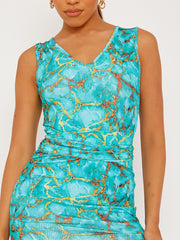 Self Tie Knot Marble Print Ribbed Midi Dress