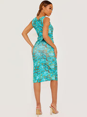 Self Tie Knot Marble Print Ribbed Midi Dress