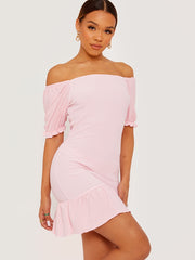 Shirred Ruffle Hem Fitted Dress