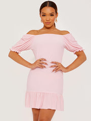 Shirred Ruffle Hem Fitted Dress