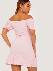 Shirred Ruffle Hem Fitted Dress