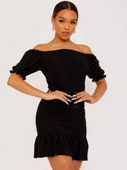 Shirred Ruffle Hem Fitted Dress