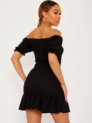 Shirred Ruffle Hem Fitted Dress