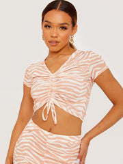 Zebra Print Ruched Front Ribbed Crop Top