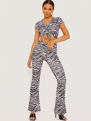Ribbed Zebra Print Flared Trouser