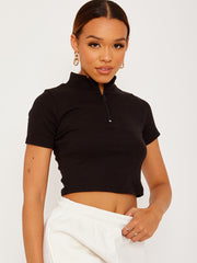 Thick Ribbed Zip Detail Crop Top