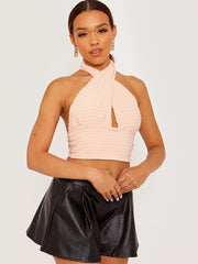 PU Coated High Waisted Flared Shorts