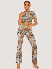 Marble Effect High Neck Crop Top & Trouser Co-ord