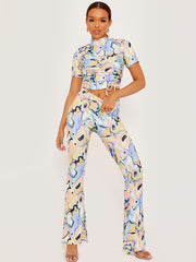 Marble Effect High Neck Crop Top & Trouser Co-ord