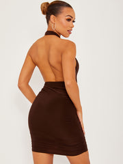 Cross Front Slinky Halter Ruched Dress