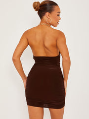 Chain Halter Cut Out Front Slinky Ruched Dress
