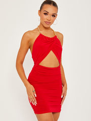 Chain Halter Cut Out Front Slinky Ruched Dress