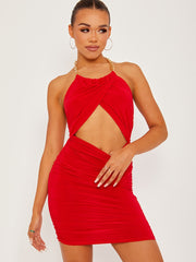 Chain Halter Cut Out Front Slinky Ruched Dress