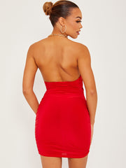 Chain Halter Cut Out Front Slinky Ruched Dress