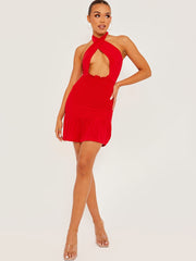 Shirred Detail Cross Front Slinky Halter Dress