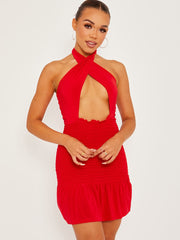 Shirred Detail Cross Front Slinky Halter Dress