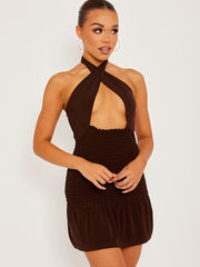 Shirred Detail Cross Front Slinky Halter Dress