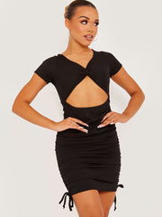 Cut Out Twist Front Ruched Ribbed Dress