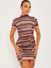 Multi Coloured Ribbed Ruched Dress