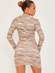 Button Fasten Front Multi Coloured Ruched Dress