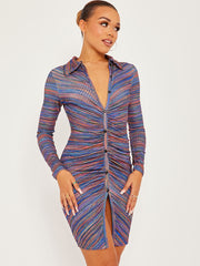 Button Fasten Front Multi Coloured Ruched Dress