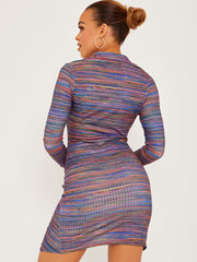 Button Fasten Front Multi Coloured Ruched Dress
