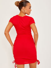 Cut Out Twist Front Ruched Ribbed Dress