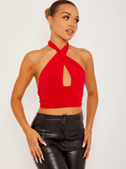 Halterneck Tie-Knot Slinky Crop Top
