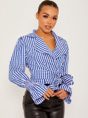 Checked Wrap Front Tie Knot Top