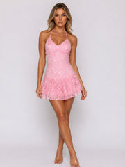 Lace Halter Neck Mini Dress