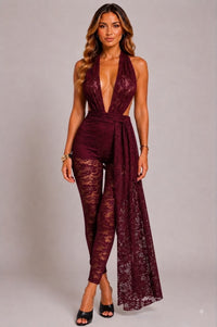 Lace Deep Plunge Halter Neckline Jumpsuit - Wine