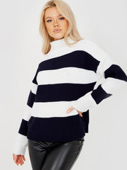 Funnel Neck Striped Knitted Jumper