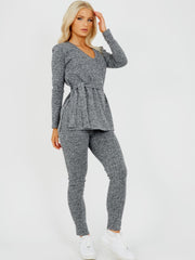 Melange gebreide geribbelde riemtop & broekcodering