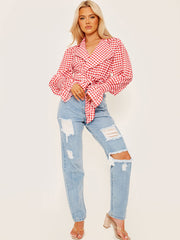 Checked Wrap Front Tie Knot Top
