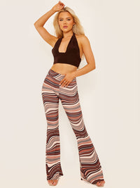 New Marble Printed Scrunch Back Flared Slinky Trousers - Nude